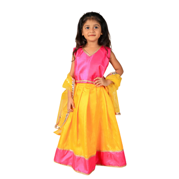 Vaanee Designz Silk Blend Readymade Embroidered 3 Piece Lehenga Choli Set|Lehenga Choli,Ethnic Wear|Lehenga for Kids|Lehenga Set for Wedding and Festival(Yellow & Magenta)