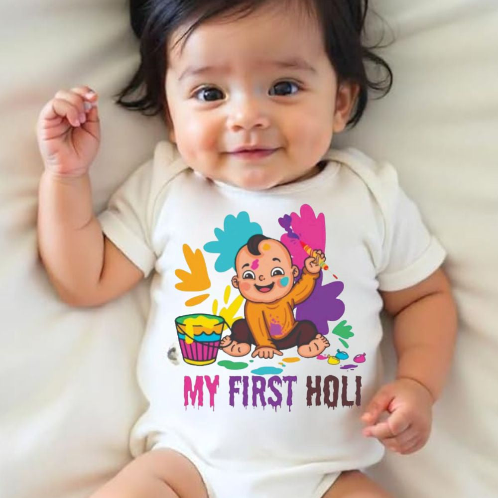 My First Holi Dress For Baby | New Born Boy Girl Romper Bodysuit Cotton White Half Sleeves Clothes | Holi Celebration Photoshoot