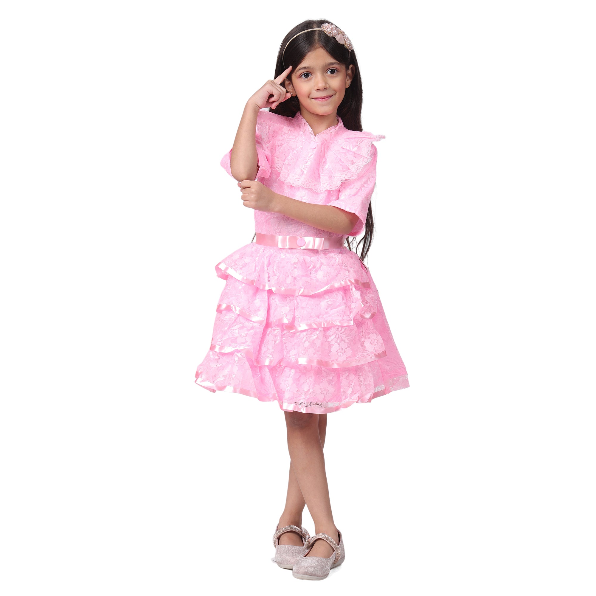 Itsmycostume Net Casual Knee Length Cute Frill Fairy Pink Frock Dress for Girls Kids