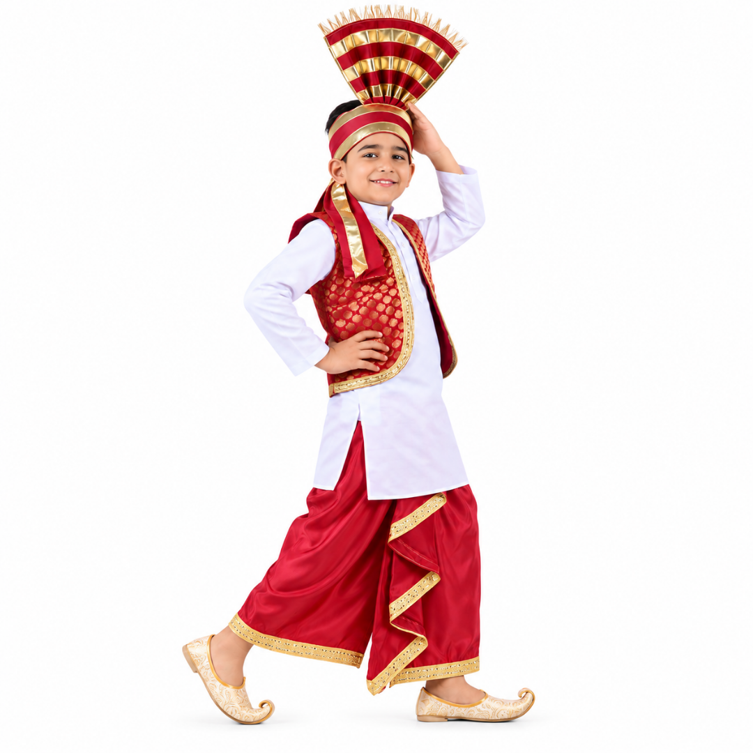 Punjabi Folk Dress in Red For Boys - Kids Fancy Dress (IMC579-PUNJB5)