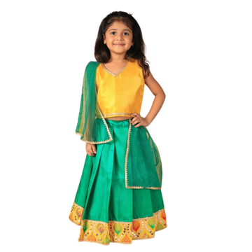 Vaanee Designz Silk Blend Readymade Embroidered 3 Piece Lehenga Choli Set|Lehenga Choli,Ethnic Wear|Lehenga for Kids|Lehenga Set for Wedding and Festival(Green & Yellow)