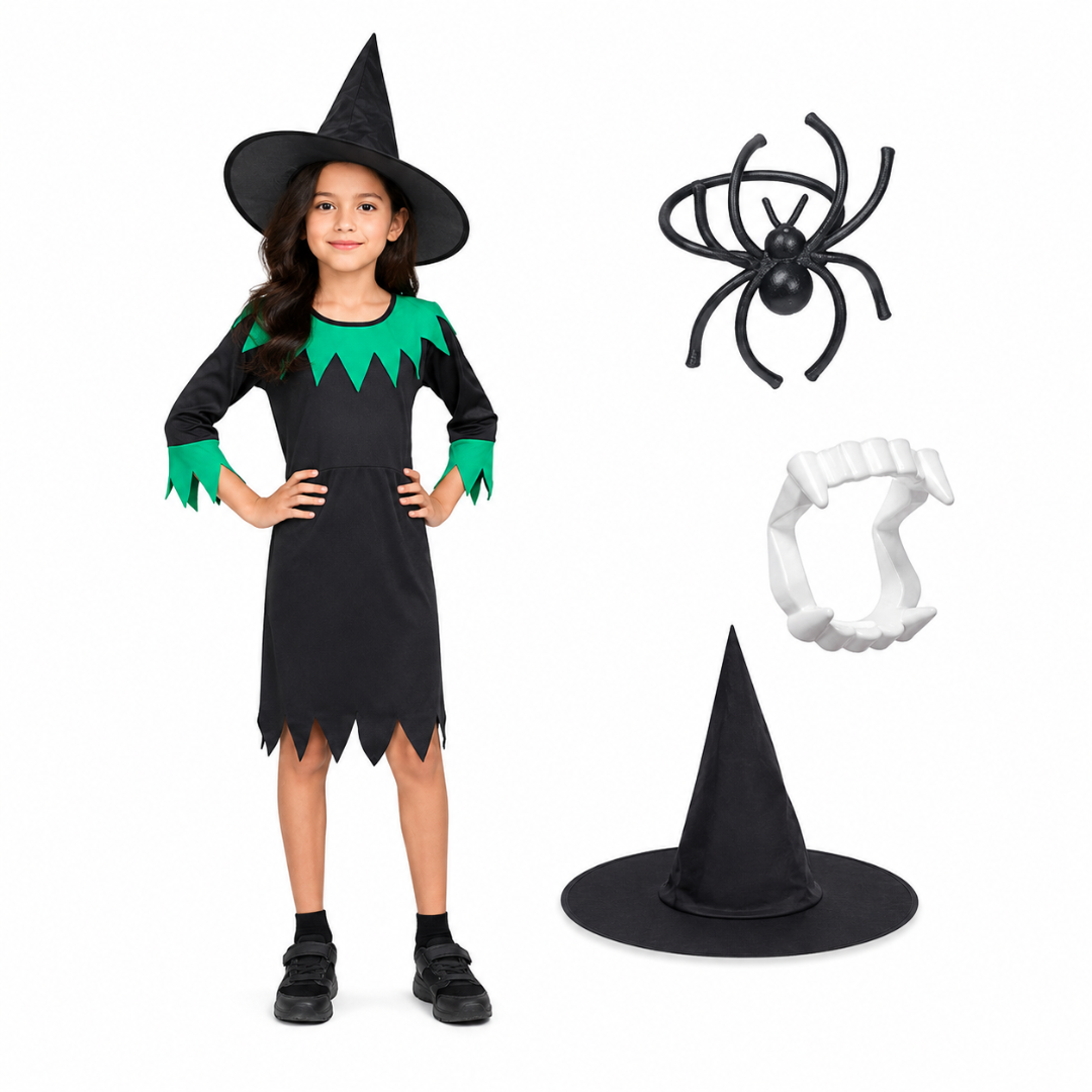 Halloween Dress| Witch Frock Costume and Accessories|For Girls  Kids |Haunted Horror Theme Dress (Free Scary Teeth)
