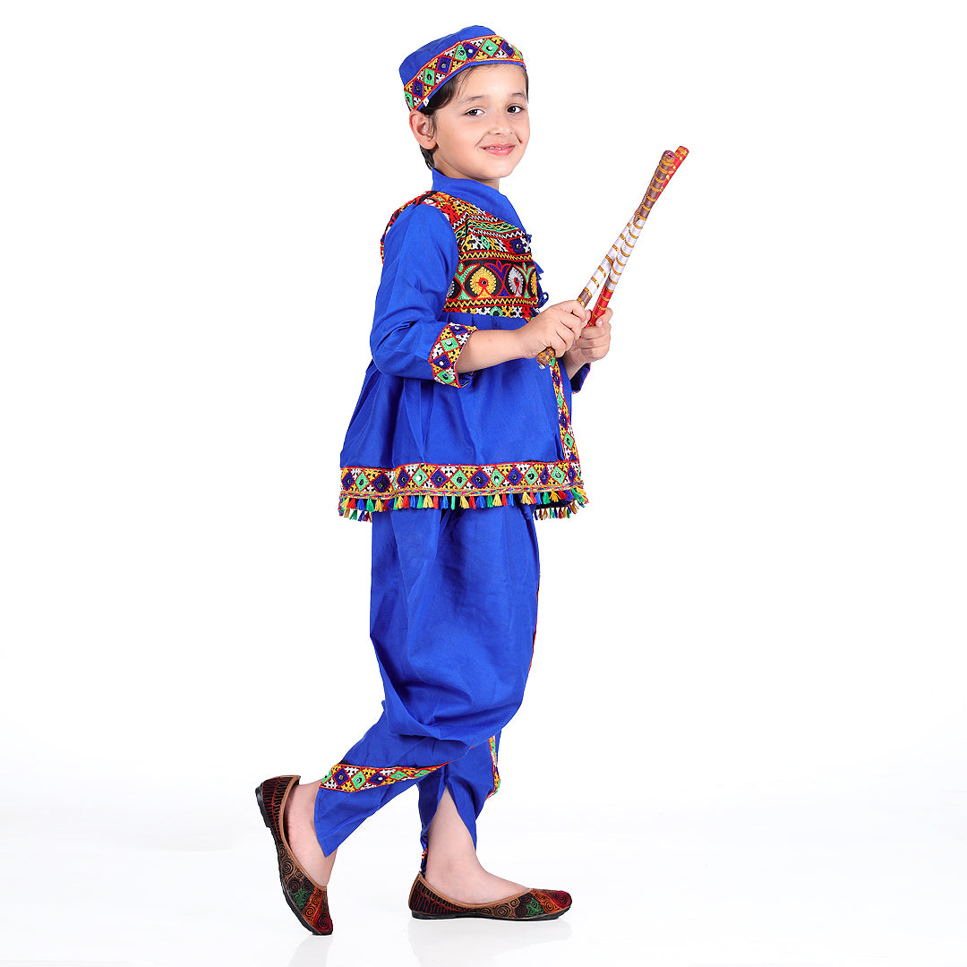 Gujarati Kedia Garba Dress for Boys Dhoti, Angrakha &amp; Cap -Blue