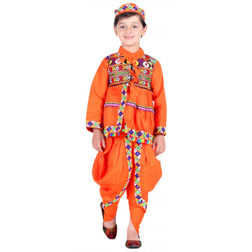 Gujarati Kedia Garba Dress for Boys Dhoti, Angrakha &amp;Cap-Orange