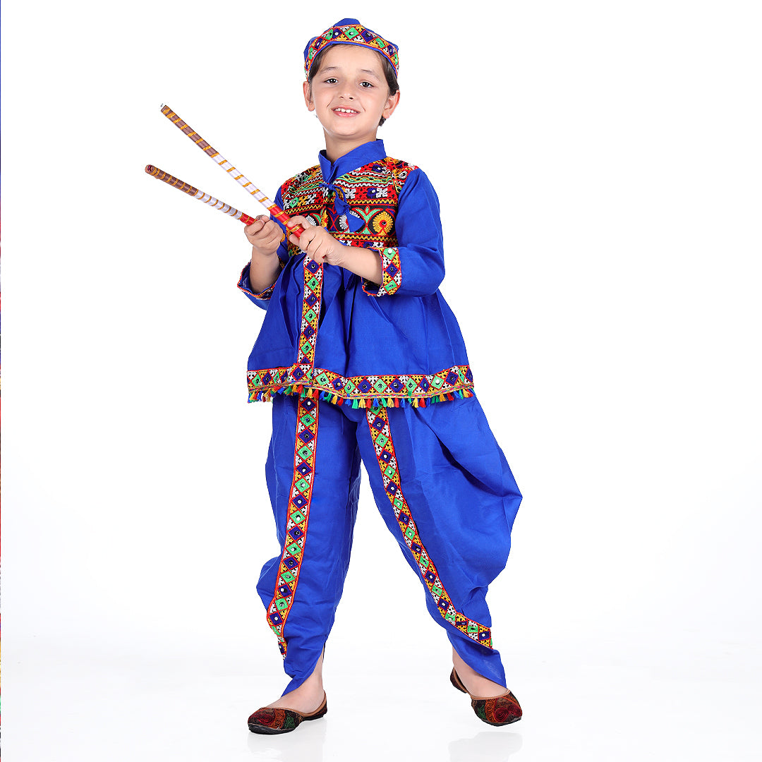 Gujarati Kedia Garba Dress for Boys Dhoti, Angrakha &amp; Cap -Blue