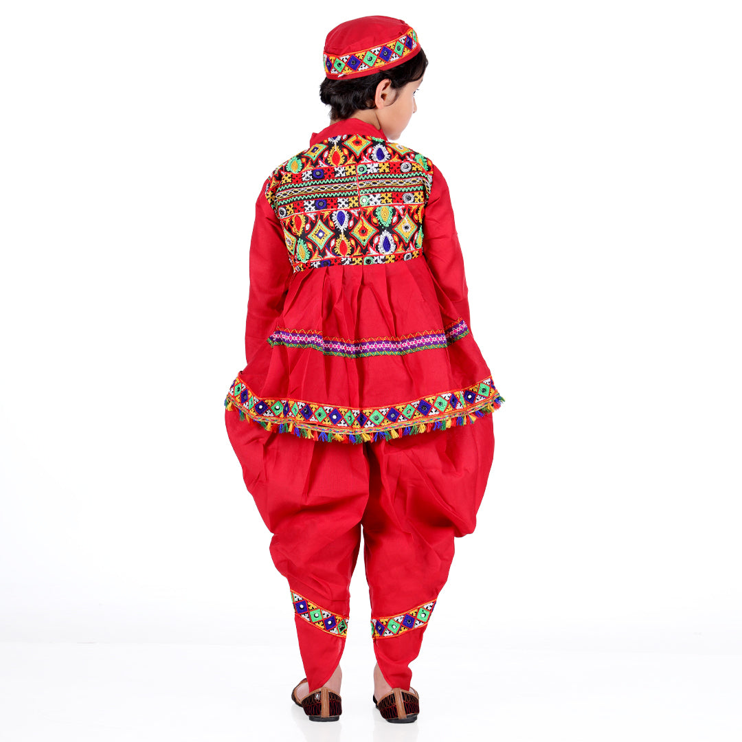 Gujarati Kedia Garba Dress for Boys with Dhoti, Angrakha &amp;Cap-Red (IMC967-Red)
