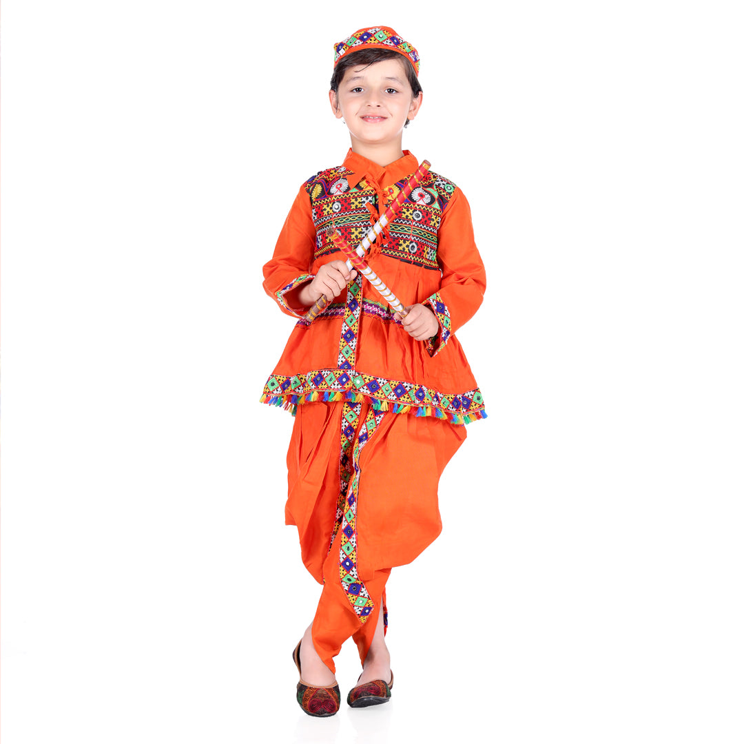 Gujarati Kedia Garba Dress for Boys Dhoti, Angrakha &amp;Cap-Orange