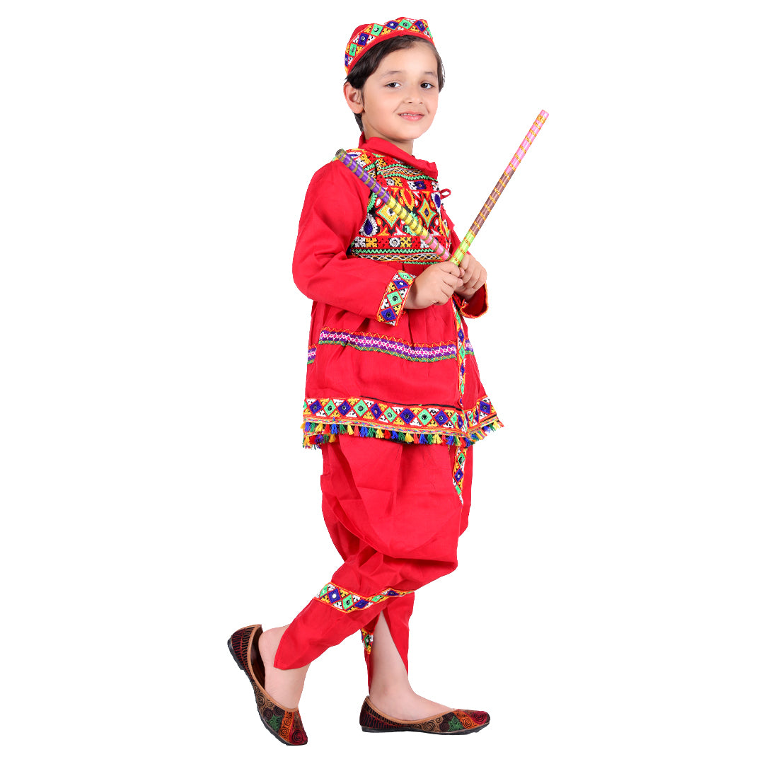 Gujarati Kedia Garba Dress for Boys with Dhoti, Angrakha &amp;Cap-Red (IMC967-Red)