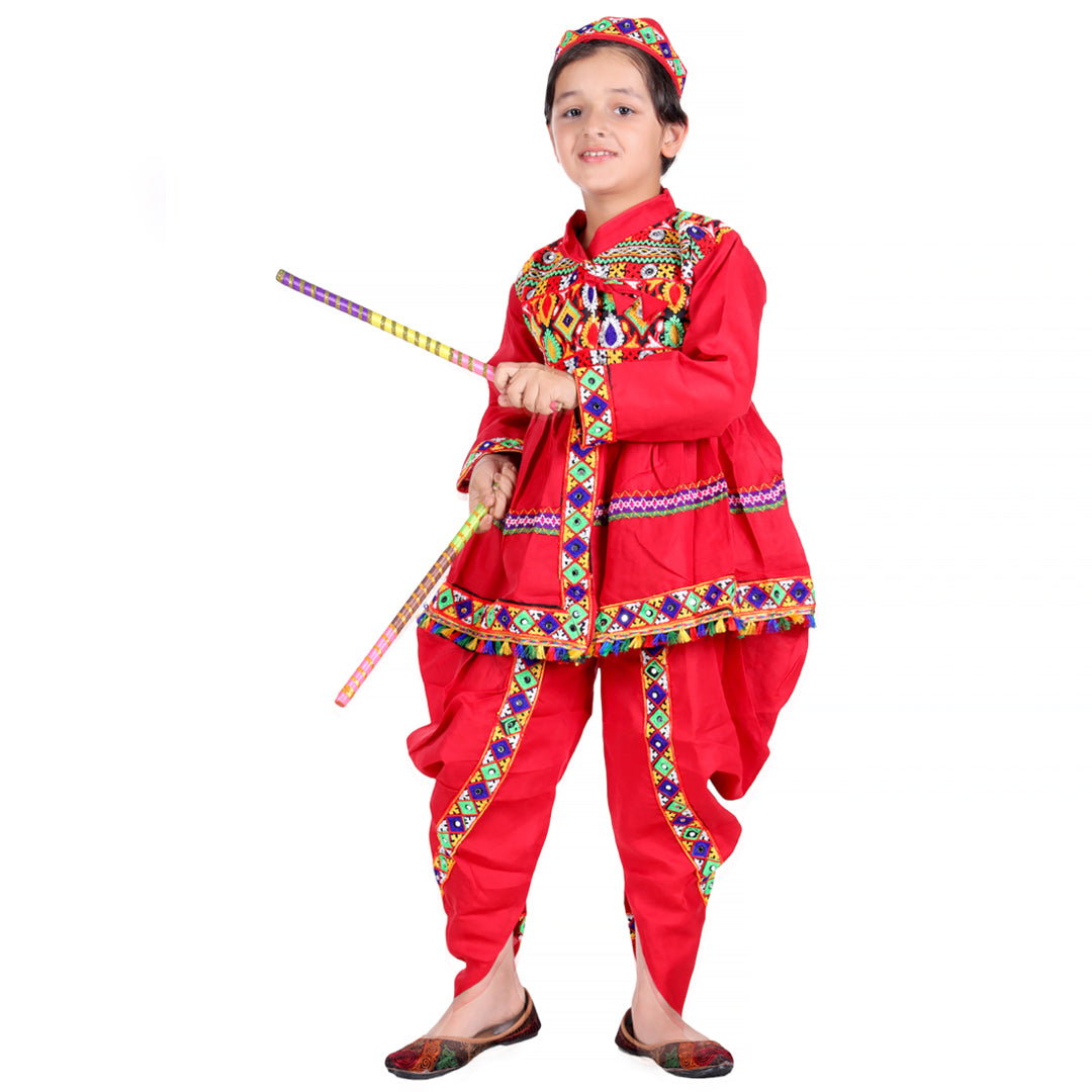 Gujarati Kedia Garba Dress for Boys with Dhoti, Angrakha &amp;Cap-Red (IMC967-Red)