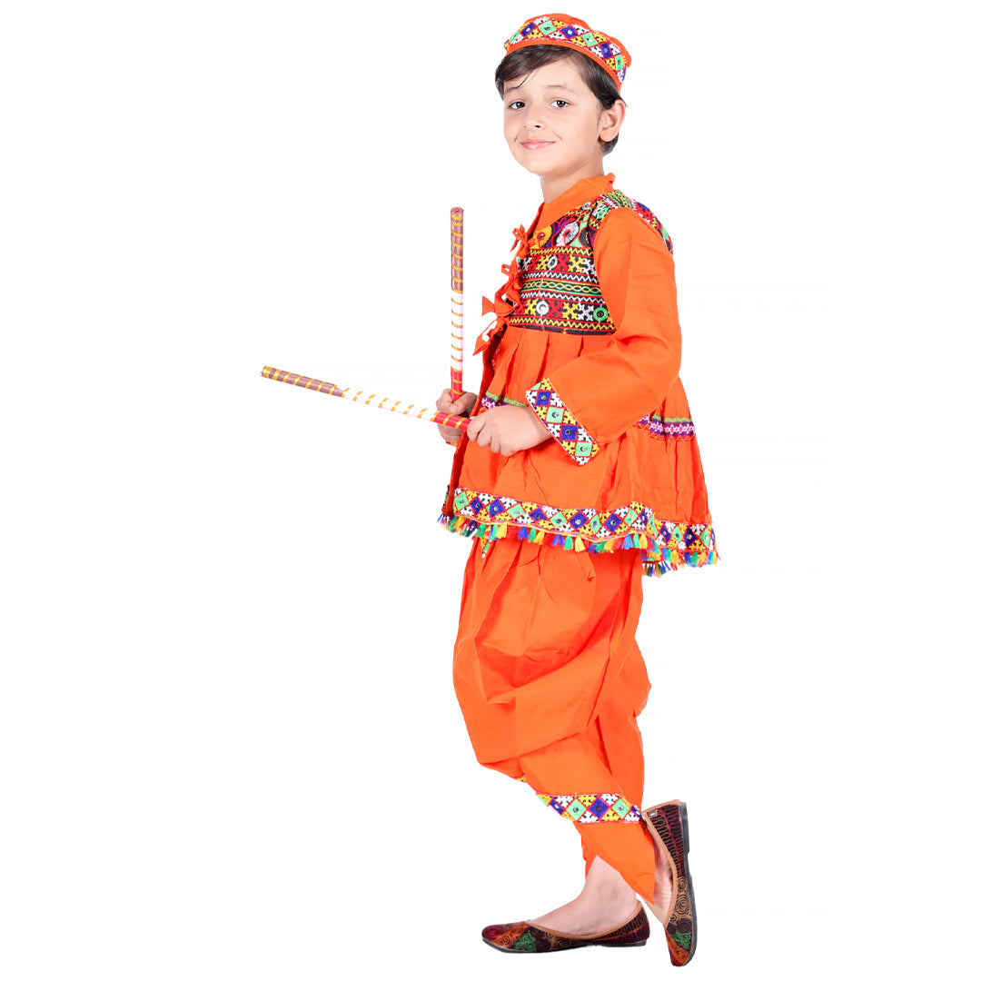 Gujarati Kedia Garba Dress for Boys Dhoti, Angrakha &amp;Cap-Orange