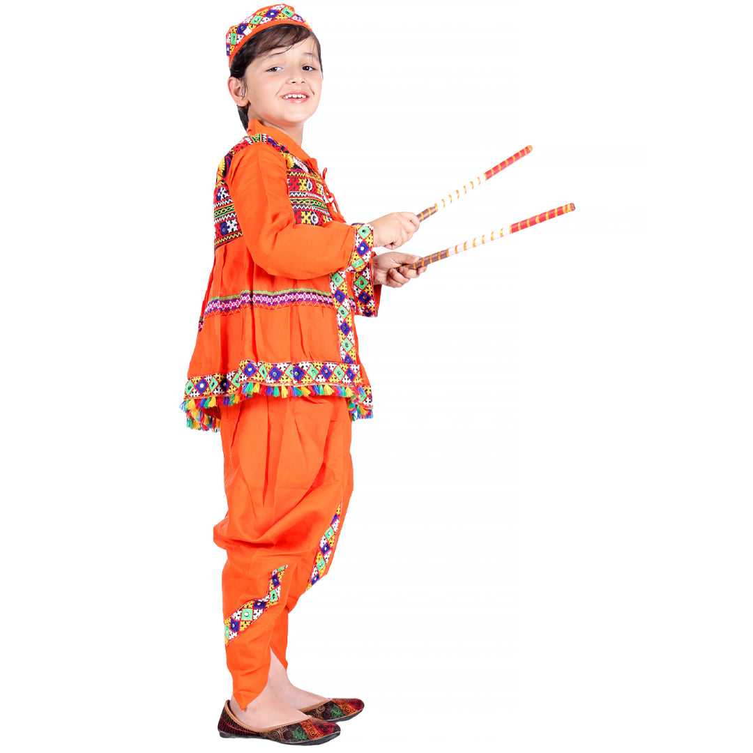 Gujarati Kedia Garba Dress for Boys Dhoti, Angrakha &amp;Cap-Orange