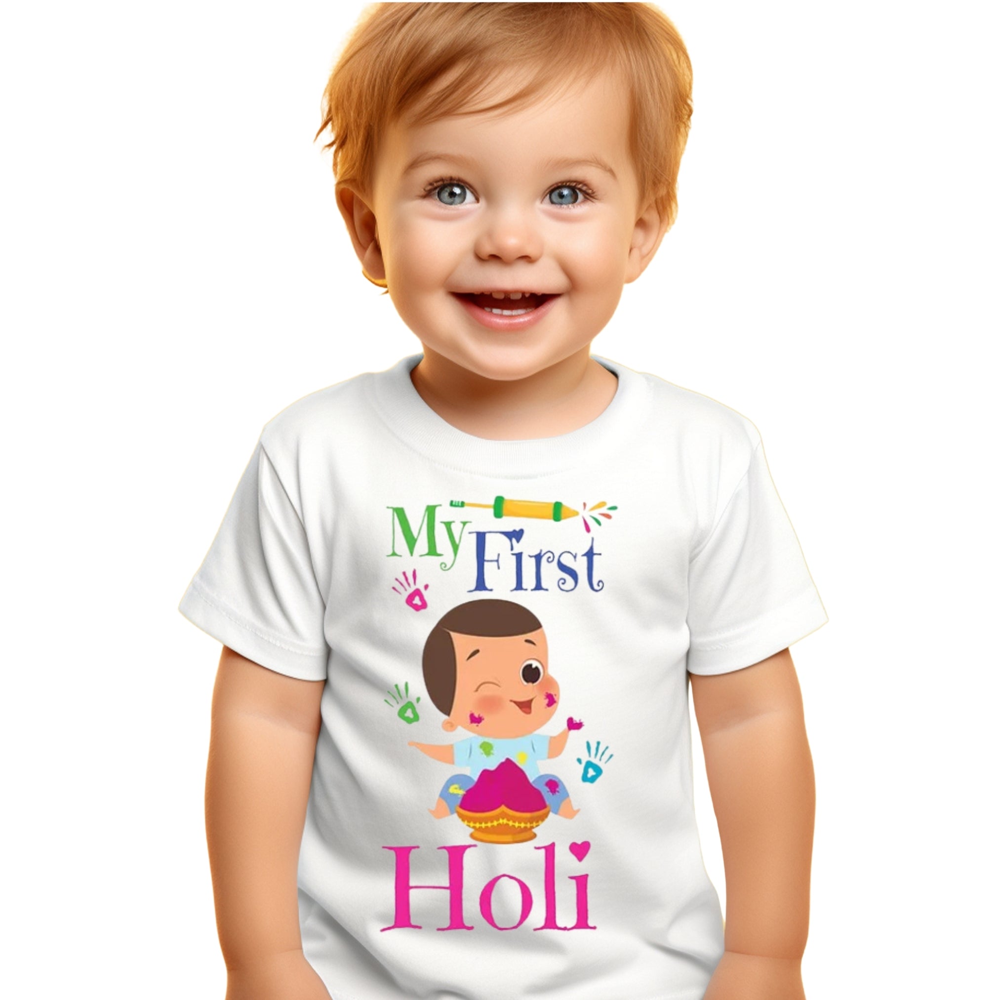 Itsmycostume My First Holi tshirt for kids baby boy girl infant Unisex Half Sleev Round Neck Tshirts