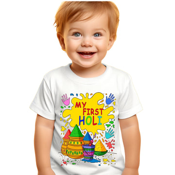 Itsmycostume My First Holi tshirt for kids baby boy girl infant Unisex Half Sleev Round Neck Tshirts