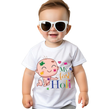 Itsmycostume My First Holi tshirt for kids baby boy girl infant Unisex Half Sleev Round Neck Tshirts