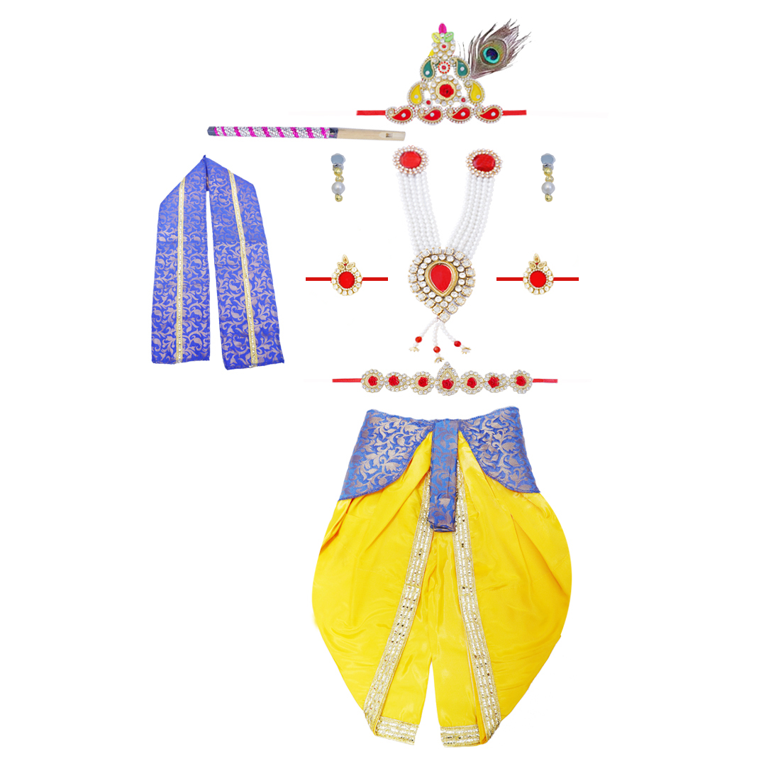 Krishna Dress for Baby Boy Kids Set of 10 Little Krishna Ji Kanha Janmasthmi Costume for Kids (IMC45001-Yelblue)