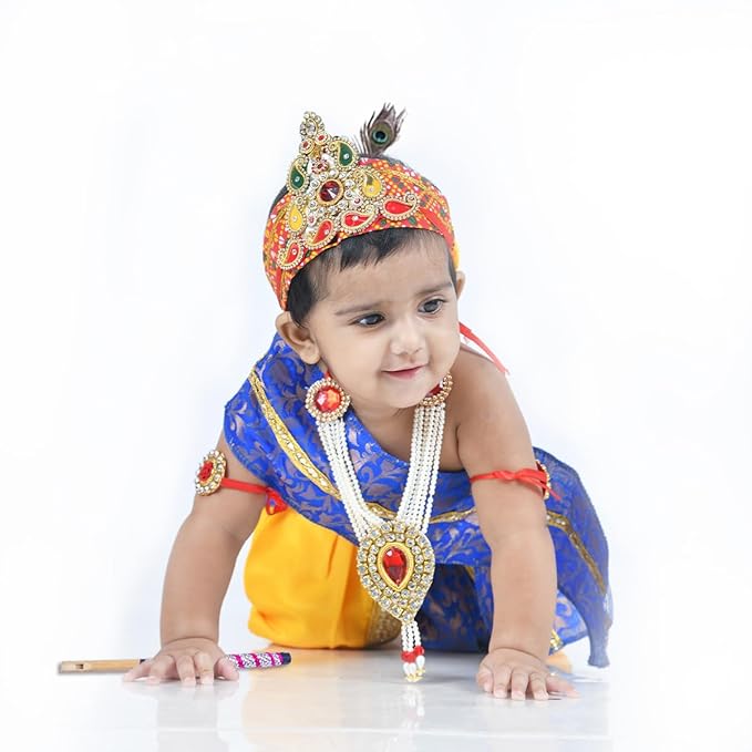 Krishna Dress for Baby Boy Kids Set of 10 Little Krishna Ji Kanha Janmasthmi Costume for Kids (IMC45001-Yelblue)