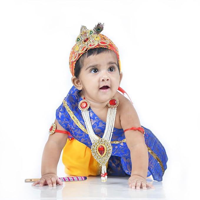 Krishna Dress for Baby Boy Kids Set of 10 Little Krishna Ji Kanha Janmasthmi Costume for Kids (IMC45001-Yelblue)