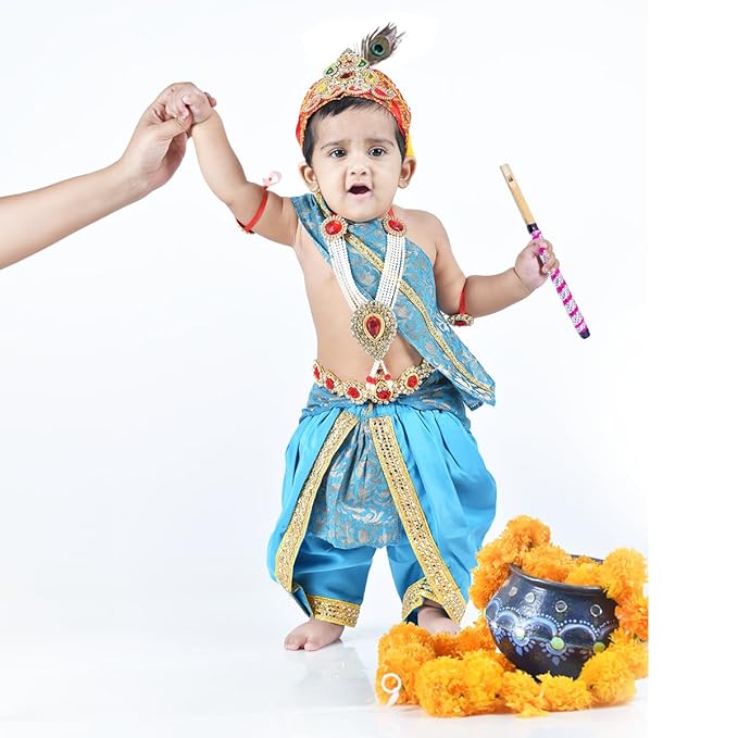 Krishna Dress for Baby Boy Kids Set of 10 Little Krishna Ji Kanha Janmasthmi Costume for Kids (IMC45001-Firozi)