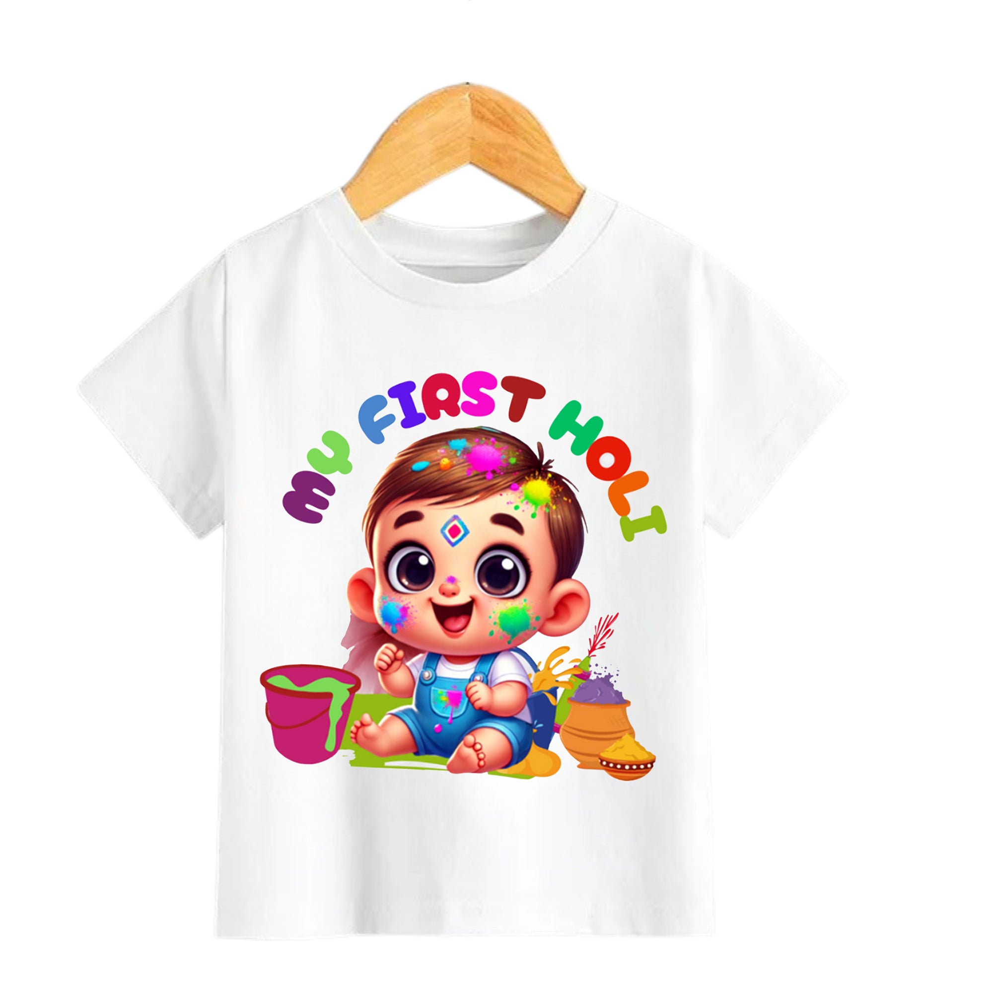 Itsmycostume My First Holi tshirt for kids baby boy girl infant Unisex Half Sleev Round Neck Tshirts