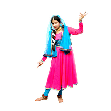 Kathak Costume Neon Pink &amp; Firozi Anarkali Dress IMC394
