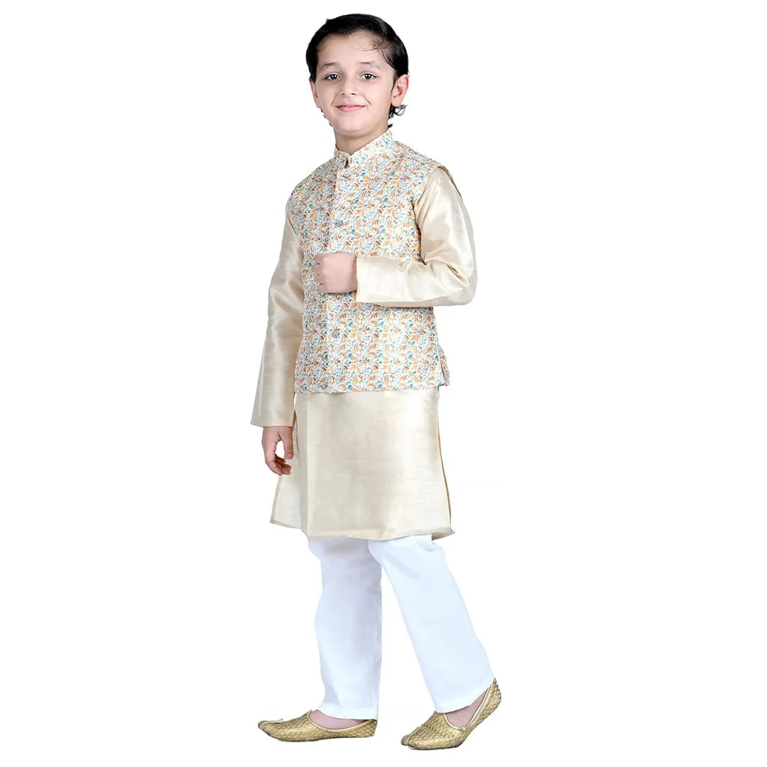 Vaanee Designz Boys Ethnic Wear Waistcoat Kurta Pyjama Set in Golden for Boys Kids (VD50000-Creaam)