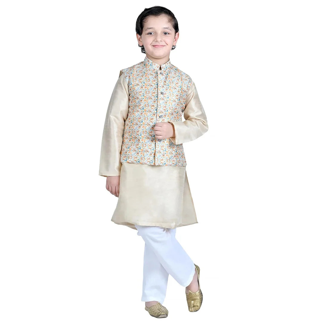 Vaanee Designz Boys Ethnic Wear Waistcoat Kurta Pyjama Set in Golden for Boys Kids (VD50000-Creaam)