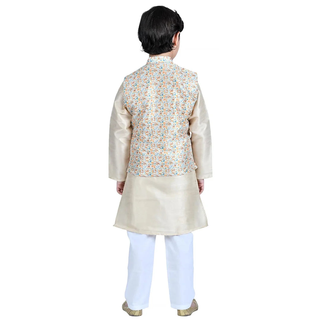 Vaanee Designz Boys Ethnic Wear Waistcoat Kurta Pyjama Set in Golden for Boys Kids (VD50000-Creaam)