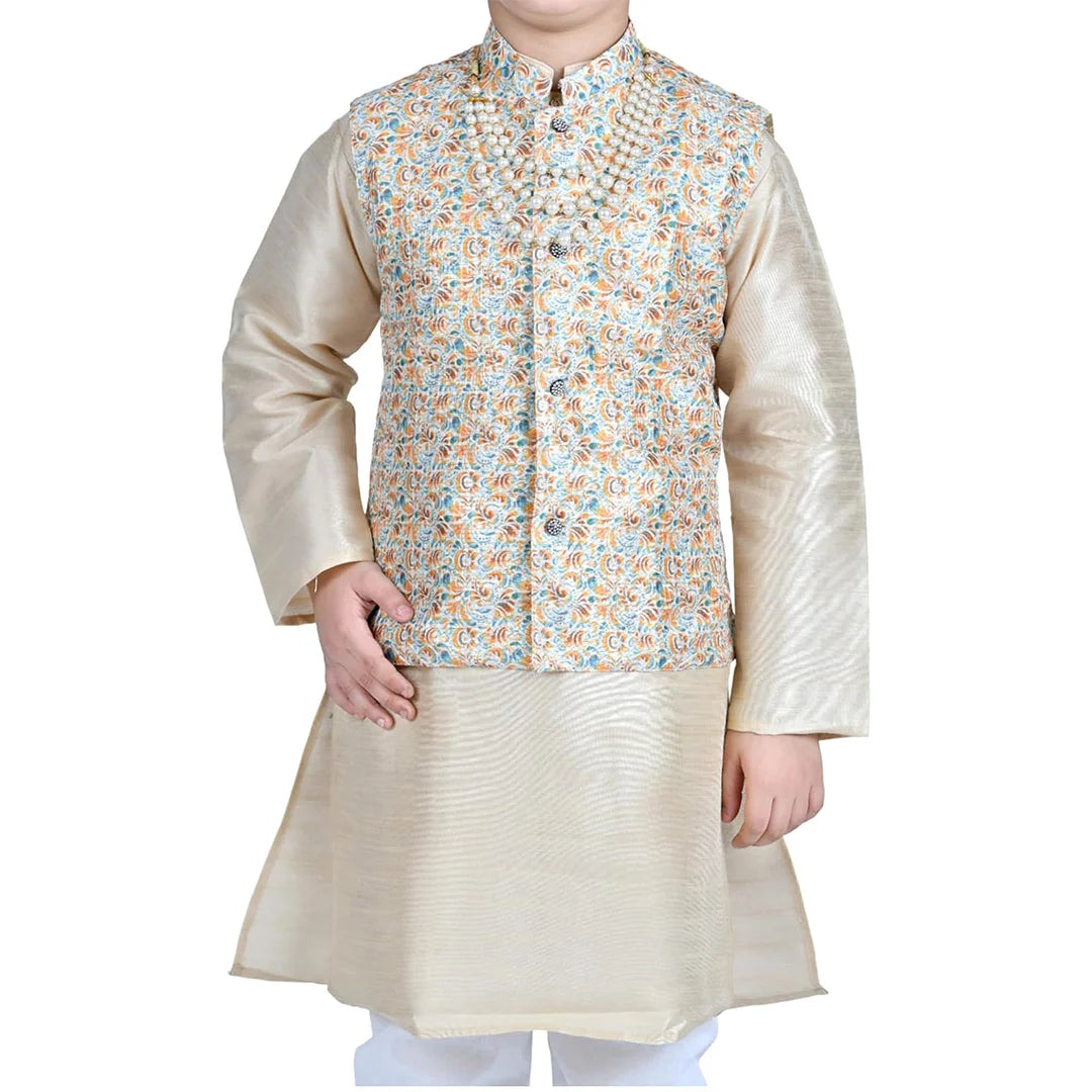 Vaanee Designz Boys Ethnic Wear Waistcoat Kurta Pyjama Set in Golden for Boys Kids (VD50000-Creaam)