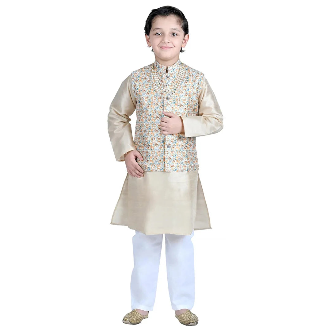 Vaanee Designz Boys Ethnic Wear Waistcoat Kurta Pyjama Set in Golden for Boys Kids (VD50000-Creaam)
