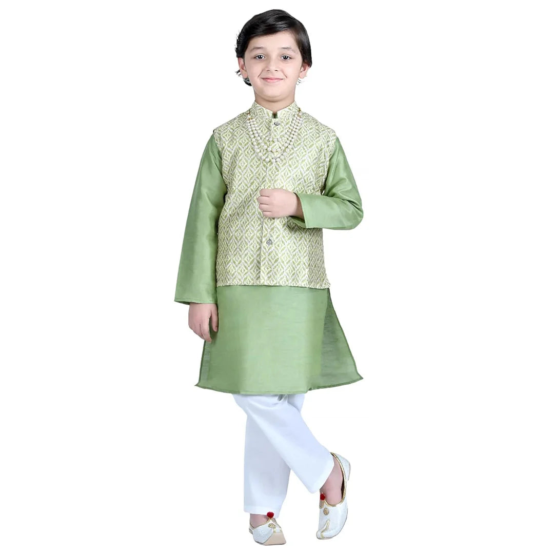 Vaanee Designz Boys Ethnic Wear Waistcoat Kurta Pyjama Set in Green for Boys Kids (VD50000-Greenn)