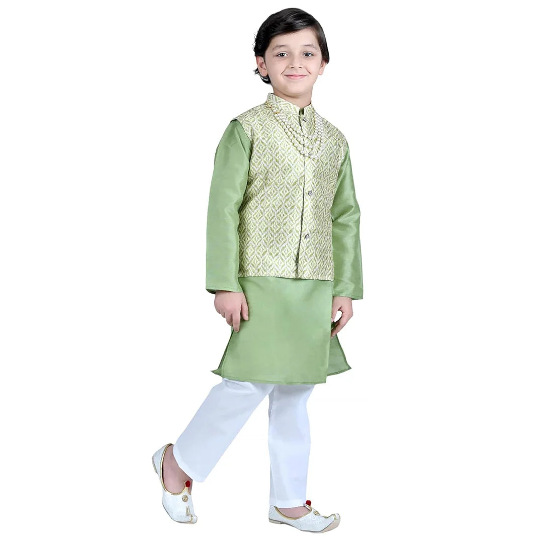 Vaanee Designz Boys Ethnic Wear Waistcoat Kurta Pyjama Set in Green for Boys Kids (VD50000-Greenn)