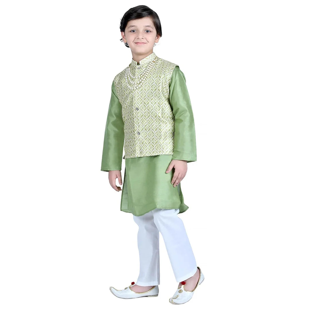 Vaanee Designz Boys Ethnic Wear Waistcoat Kurta Pyjama Set in Green for Boys Kids (VD50000-Greenn)
