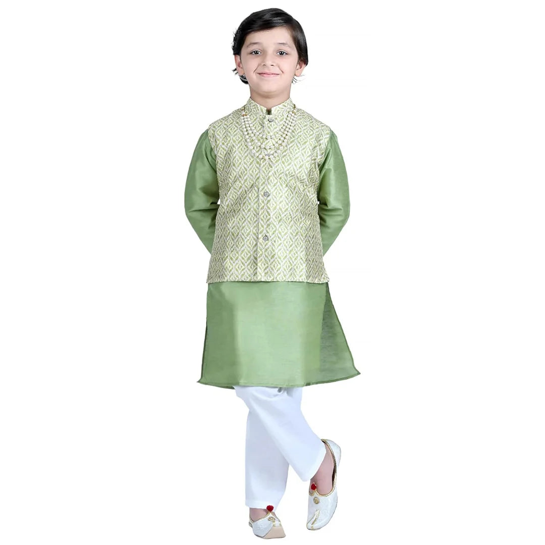 Vaanee Designz Boys Ethnic Wear Waistcoat Kurta Pyjama Set in Green for Boys Kids (VD50000-Greenn)