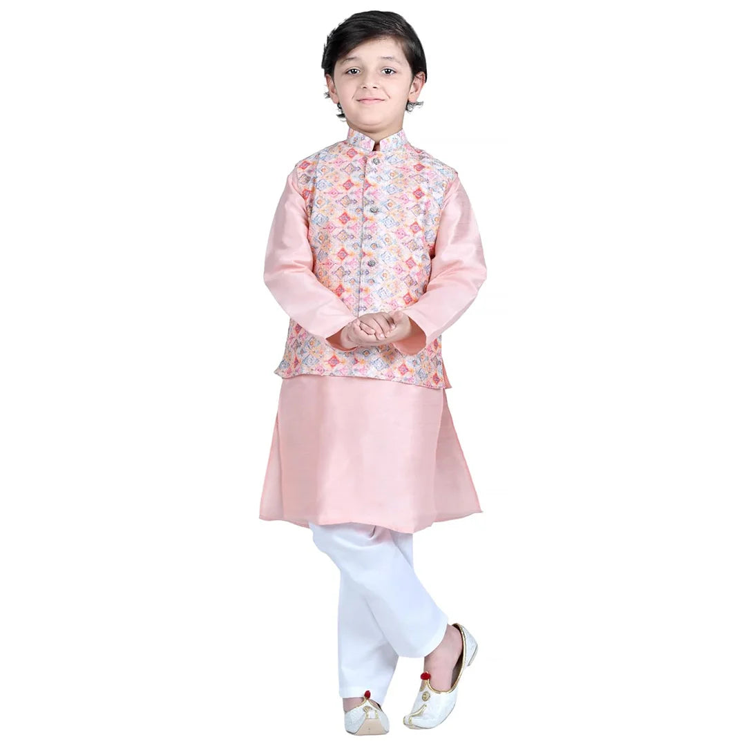 Vaanee Designz Boys Ethnic Wear Waistcoat Kurta Pyjama Set in peach for Boys Kids (VD50000-Peach3)