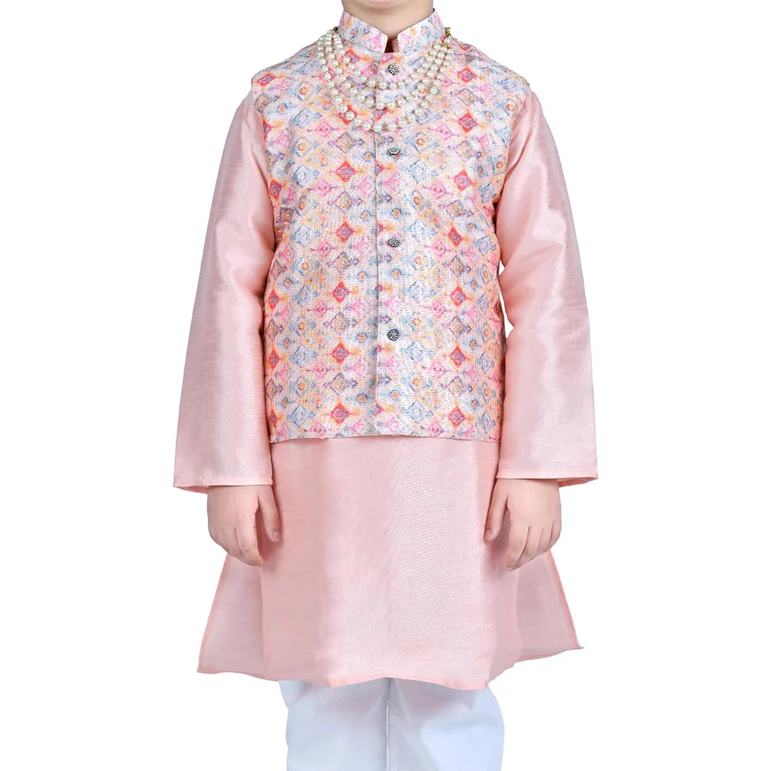 Vaanee Designz Boys Ethnic Wear Waistcoat Kurta Pyjama Set in peach for Boys Kids (VD50000-Peach3)