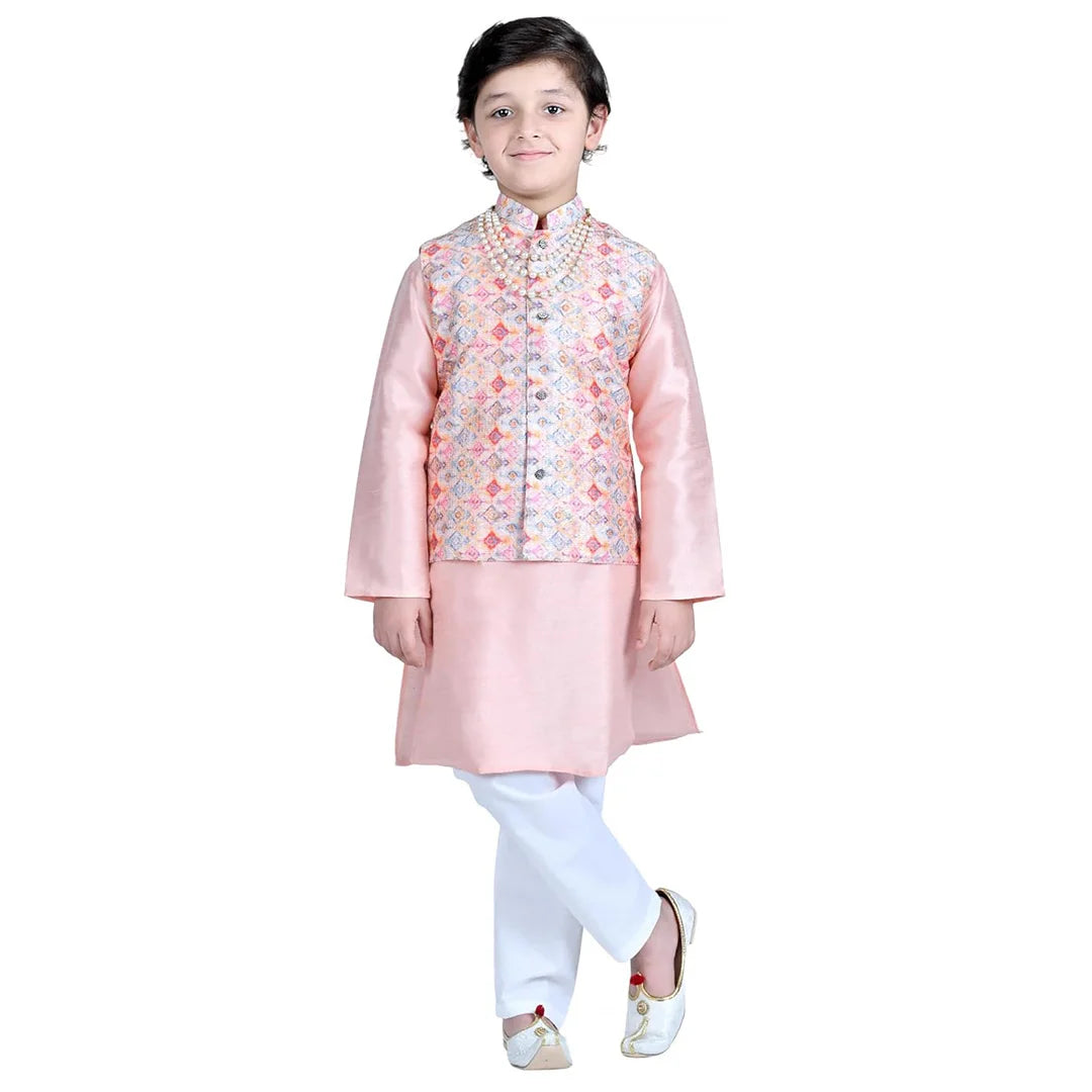 Vaanee Designz Boys Ethnic Wear Waistcoat Kurta Pyjama Set in peach for Boys Kids (VD50000-Peach3)