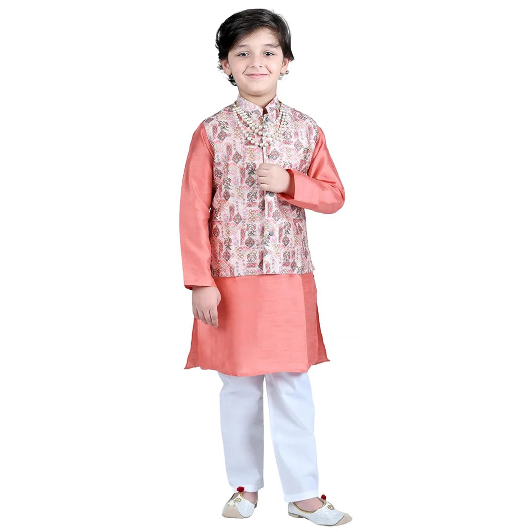 Vaanee Designz Boys Ethnic Wear Waistcoat Kurta Pyjama Set in Orange for Boys Kids (VD50000-DPeach)