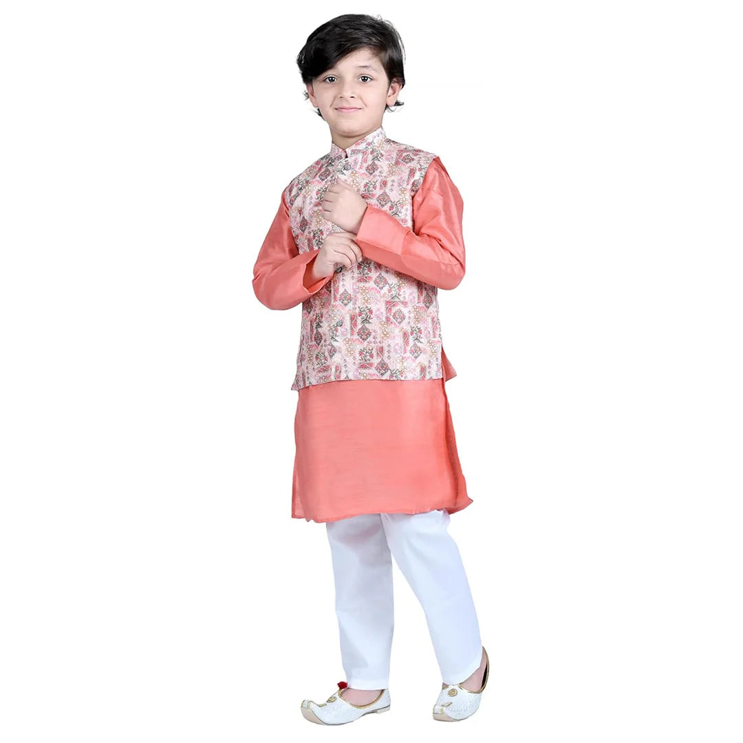 Vaanee Designz Boys Ethnic Wear Waistcoat Kurta Pyjama Set in Orange for Boys Kids (VD50000-DPeach)
