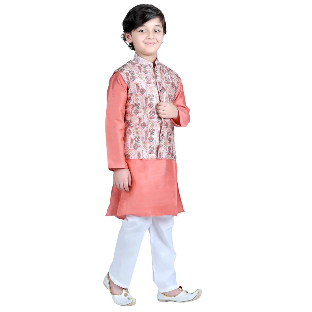 Vaanee Designz Boys Ethnic Wear Waistcoat Kurta Pyjama Set in Orange for Boys Kids (VD50000-DPeach)