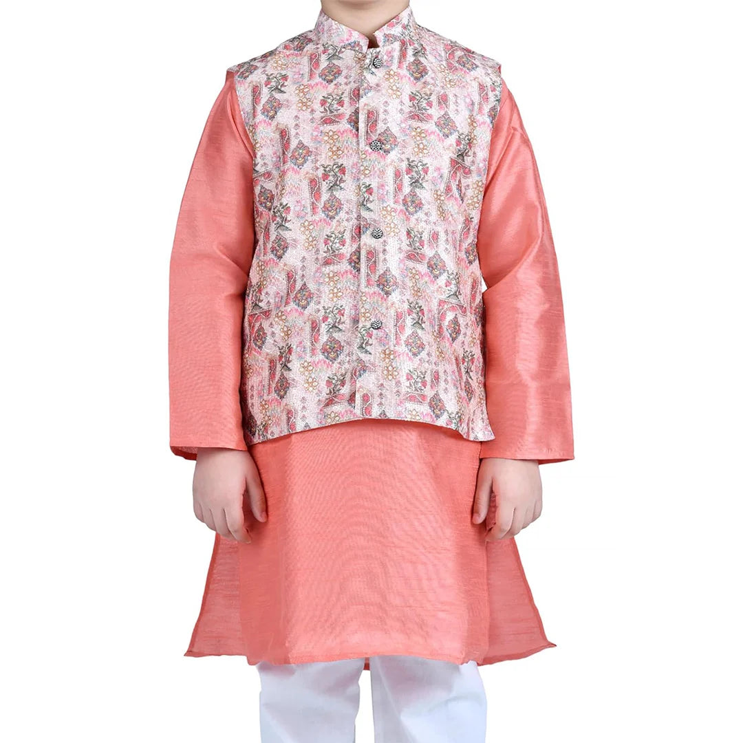 Vaanee Designz Boys Ethnic Wear Waistcoat Kurta Pyjama Set in Orange for Boys Kids (VD50000-DPeach)