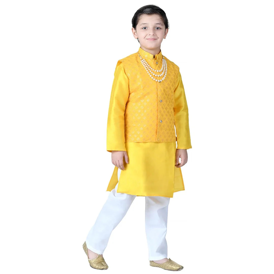 Vaanee Designz Boys Ethnic Wear Waistcoat Kurta Pyjama Set in Yellow for Boys Kids (VD50000-Yelloow)