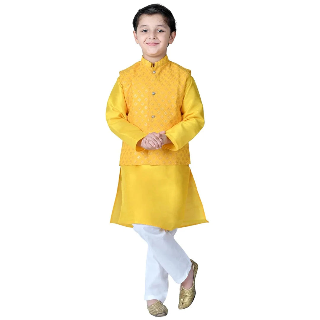 Vaanee Designz Boys Ethnic Wear Waistcoat Kurta Pyjama Set in Yellow for Boys Kids (VD50000-Yelloow)
