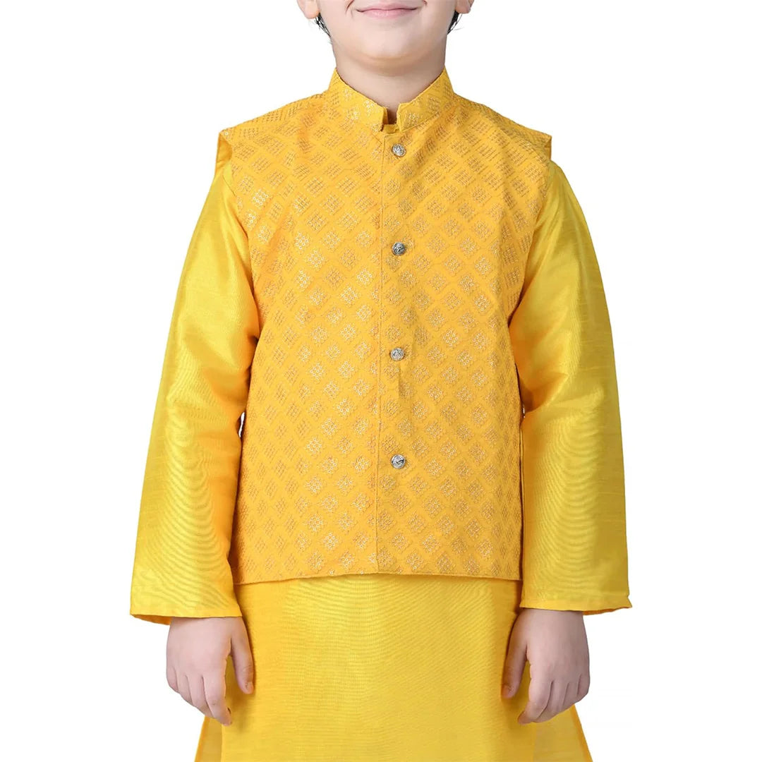 Vaanee Designz Boys Ethnic Wear Waistcoat Kurta Pyjama Set in Yellow for Boys Kids (VD50000-Yelloow)