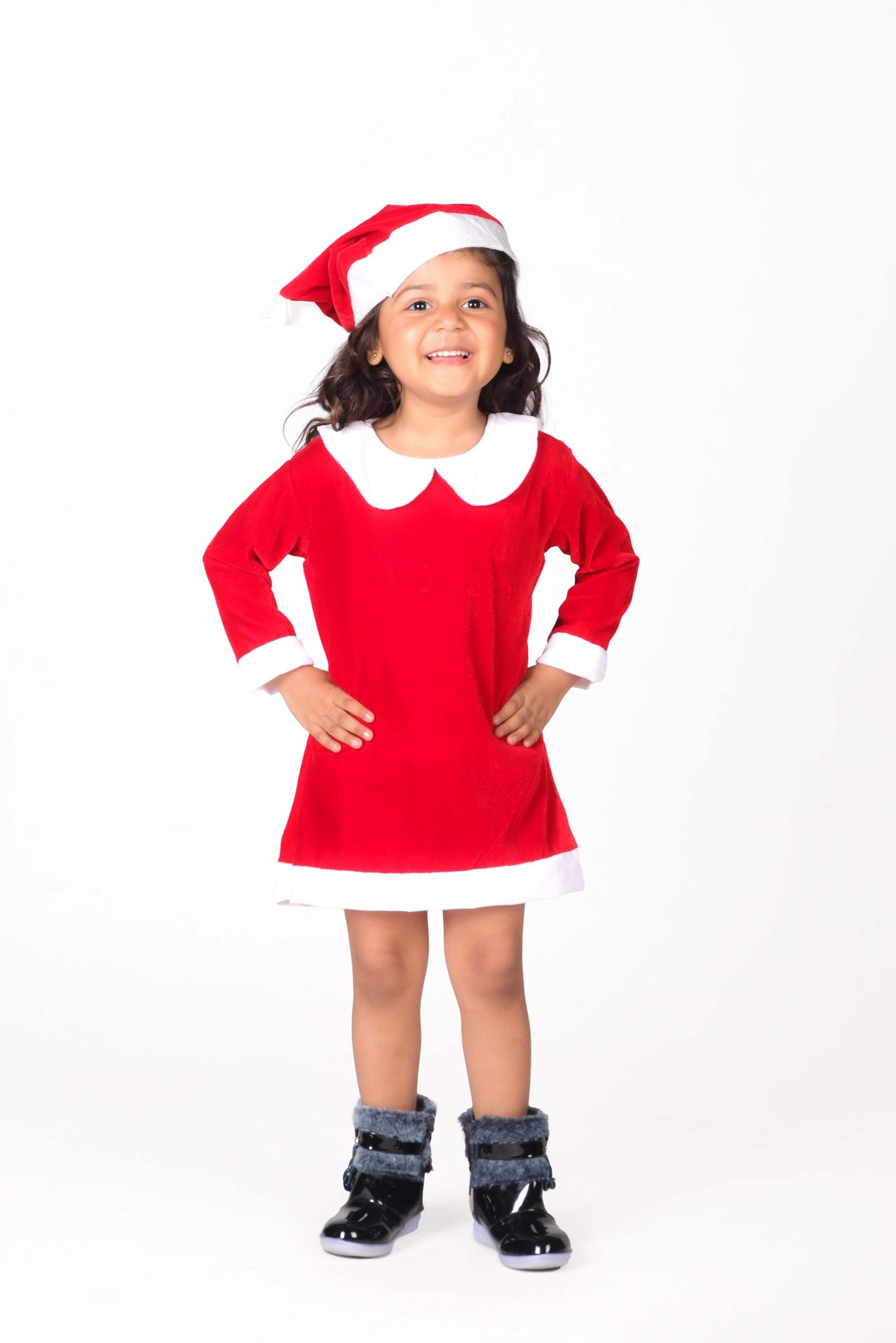 Santa Claus Dress Christmas Santa Costume for Girls With Santa Cap (Velvet)