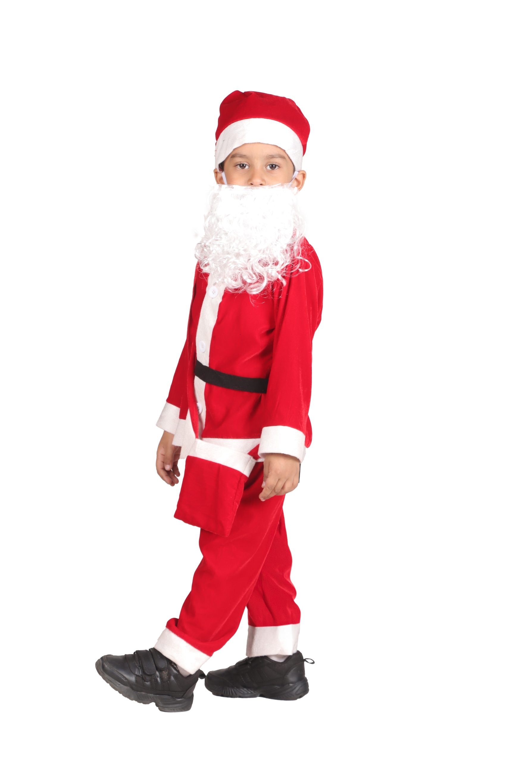Itsmycostume Santa Costume Outfit for Kids With Jacket Pant Santa Cap Gift Pouch Belt,Beard &amp;Hanging Stocking ,Red