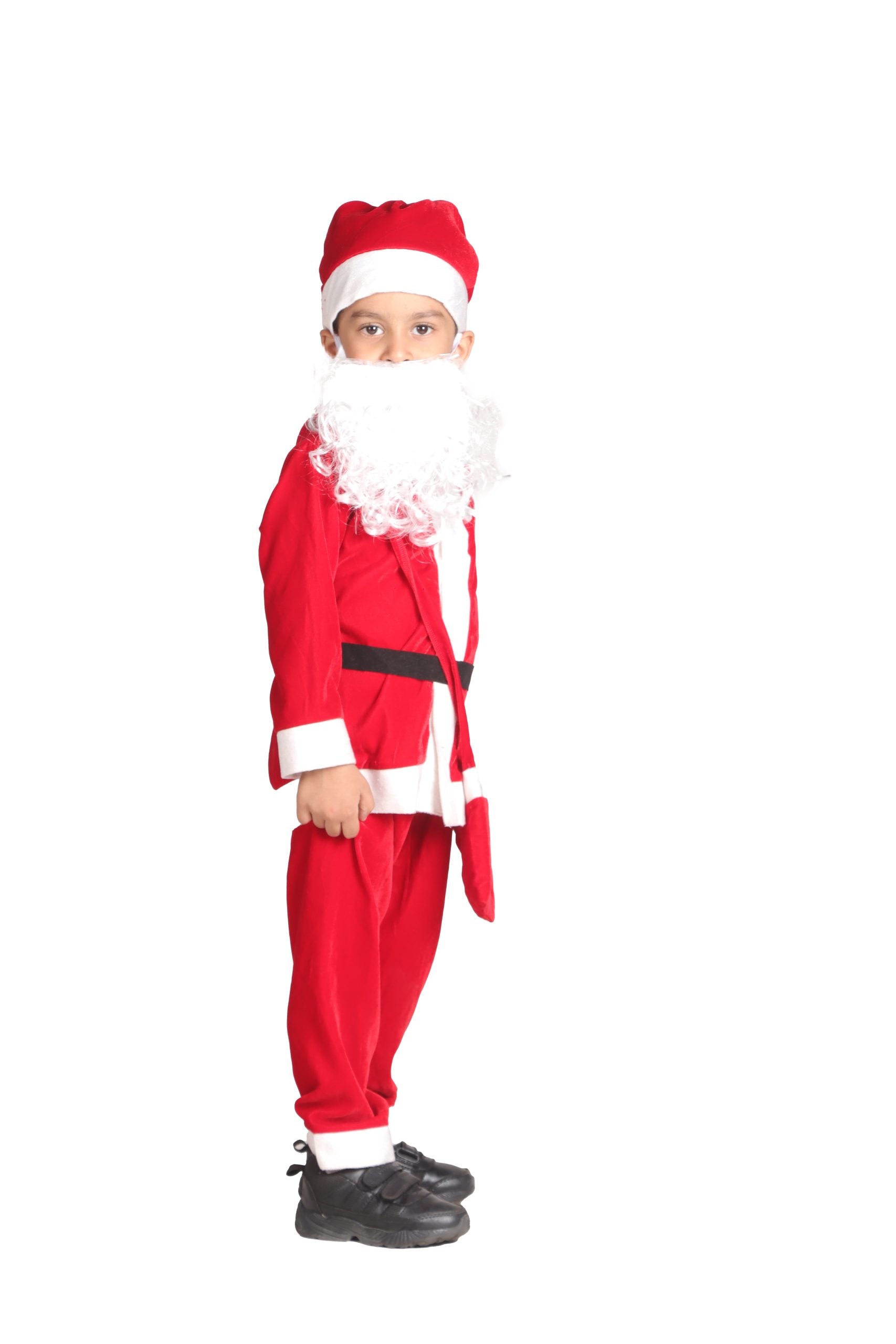 Itsmycostume Santa Costume Outfit for Kids With Jacket Pant Santa Cap Gift Pouch Belt,Beard &amp;Specs ,Red