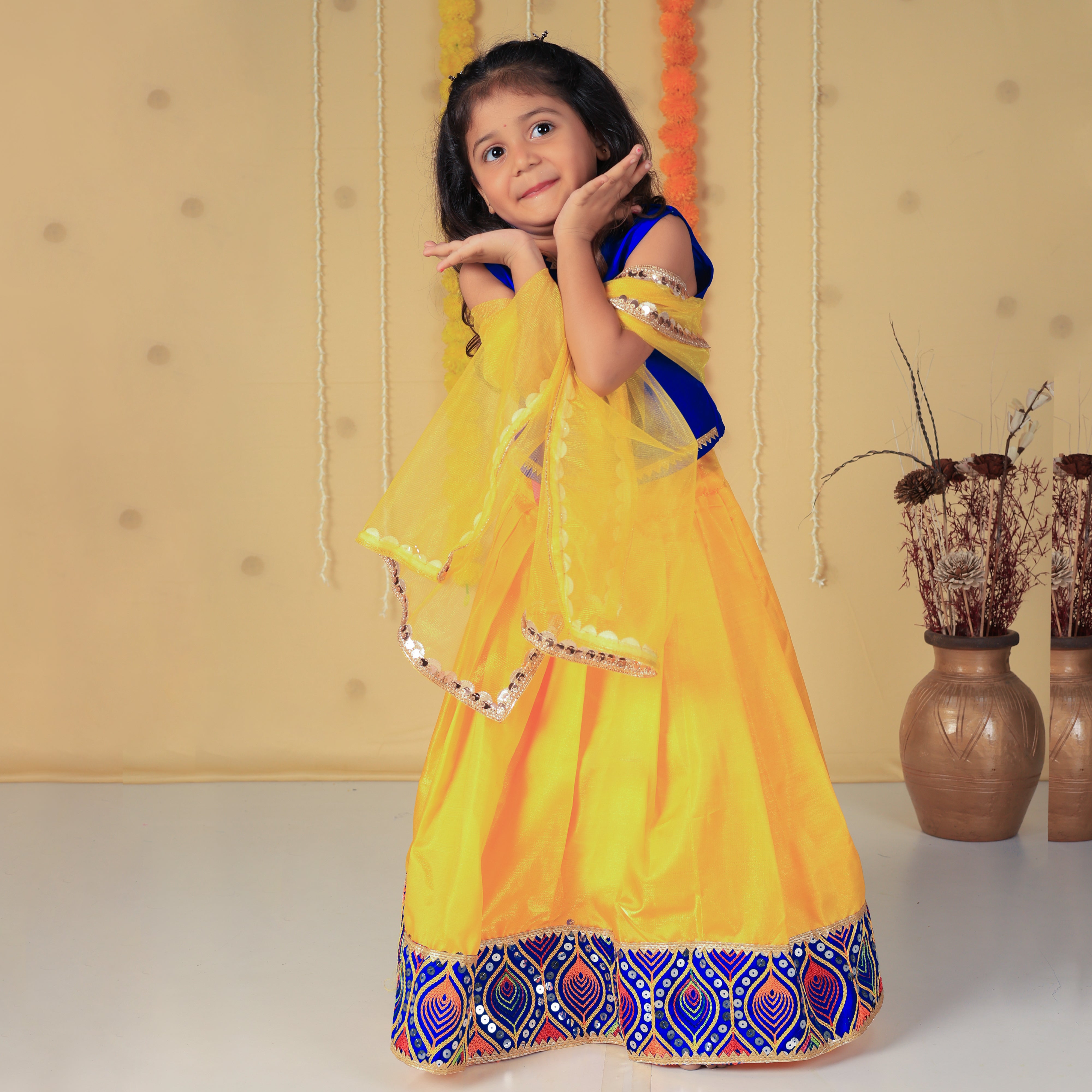 Vaanee Designz Silk Blend Readymade Embroidered 3 Piece Lehenga Choli Set|Lehenga Choli,Ethnic Wear|Lehenga for Kids|Lehenga Set for Wedding and Festival(Blue&Yellow)