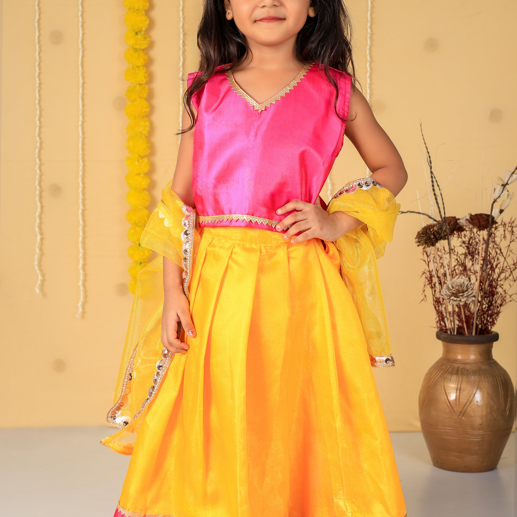 Vaanee Designz Silk Blend Readymade Embroidered 3 Piece Lehenga Choli Set|Lehenga Choli,Ethnic Wear|Lehenga for Kids|Lehenga Set for Wedding and Festival(Yellow & Magenta)
