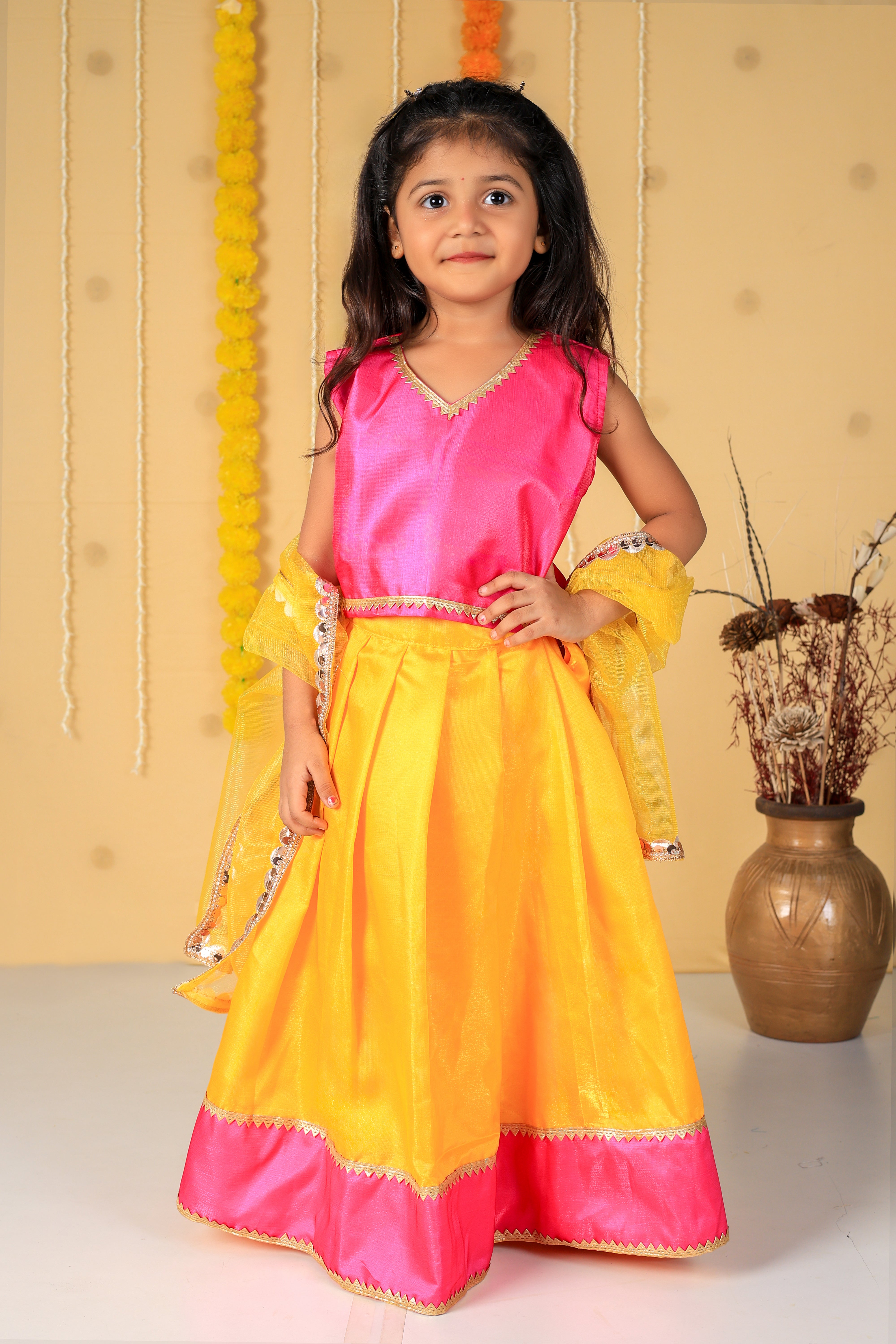 Vaanee Designz Silk Blend Readymade Embroidered 3 Piece Lehenga Choli Set|Lehenga Choli,Ethnic Wear|Lehenga for Kids|Lehenga Set for Wedding and Festival(Yellow & Magenta)