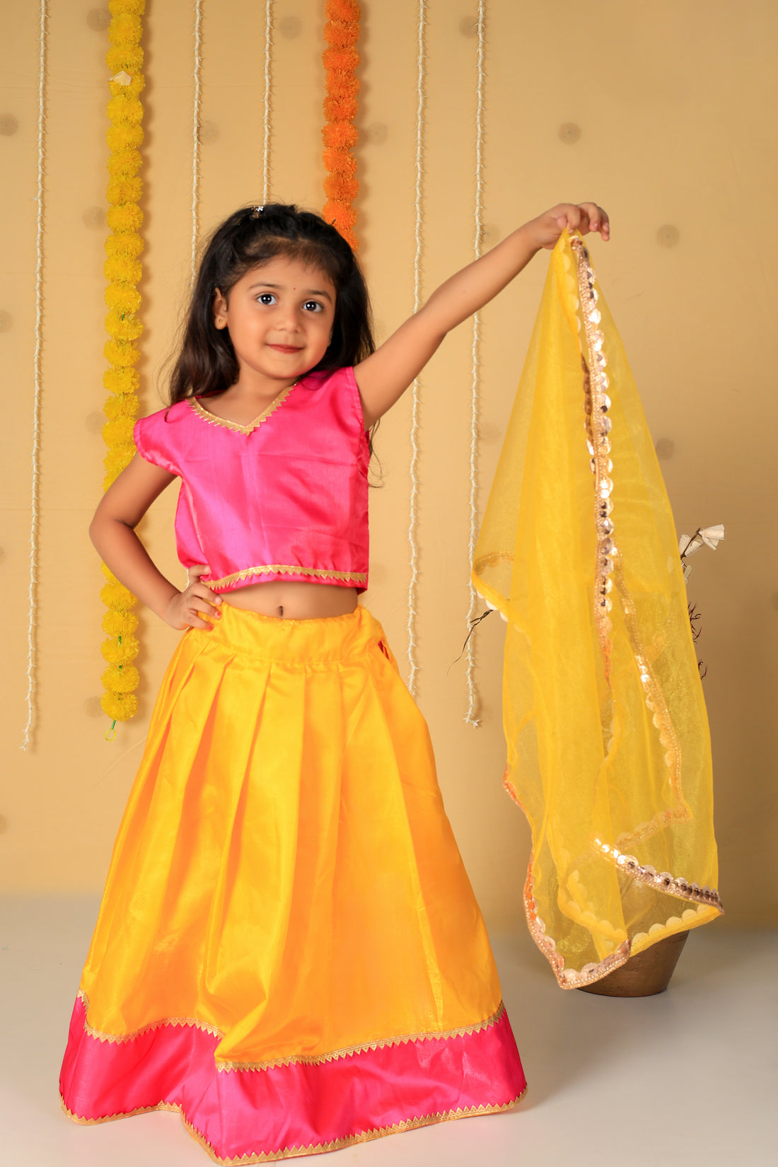 Vaanee Designz Silk Blend Readymade Embroidered 3 Piece Lehenga Choli Set|Lehenga Choli,Ethnic Wear|Lehenga for Kids|Lehenga Set for Wedding and Festival(Yellow & Magenta)